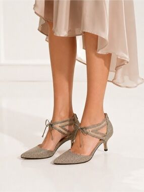 Silver Sequin Browns Steel Heels 5.5 Party Shoe Elegant Ankle Tie Kitten Heels